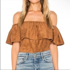 Cupcakes & Cashmere Off Shoulder Faux Suede Flounce Top